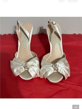 kate spade Ivory Satin Bow Slingback Heels with Pearl Accent